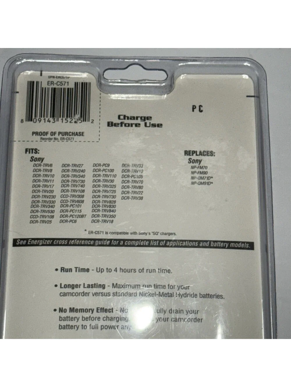 Energizer Lithium Ion Camcorder Battery Model (ER-C571) Brand New Sealed Package